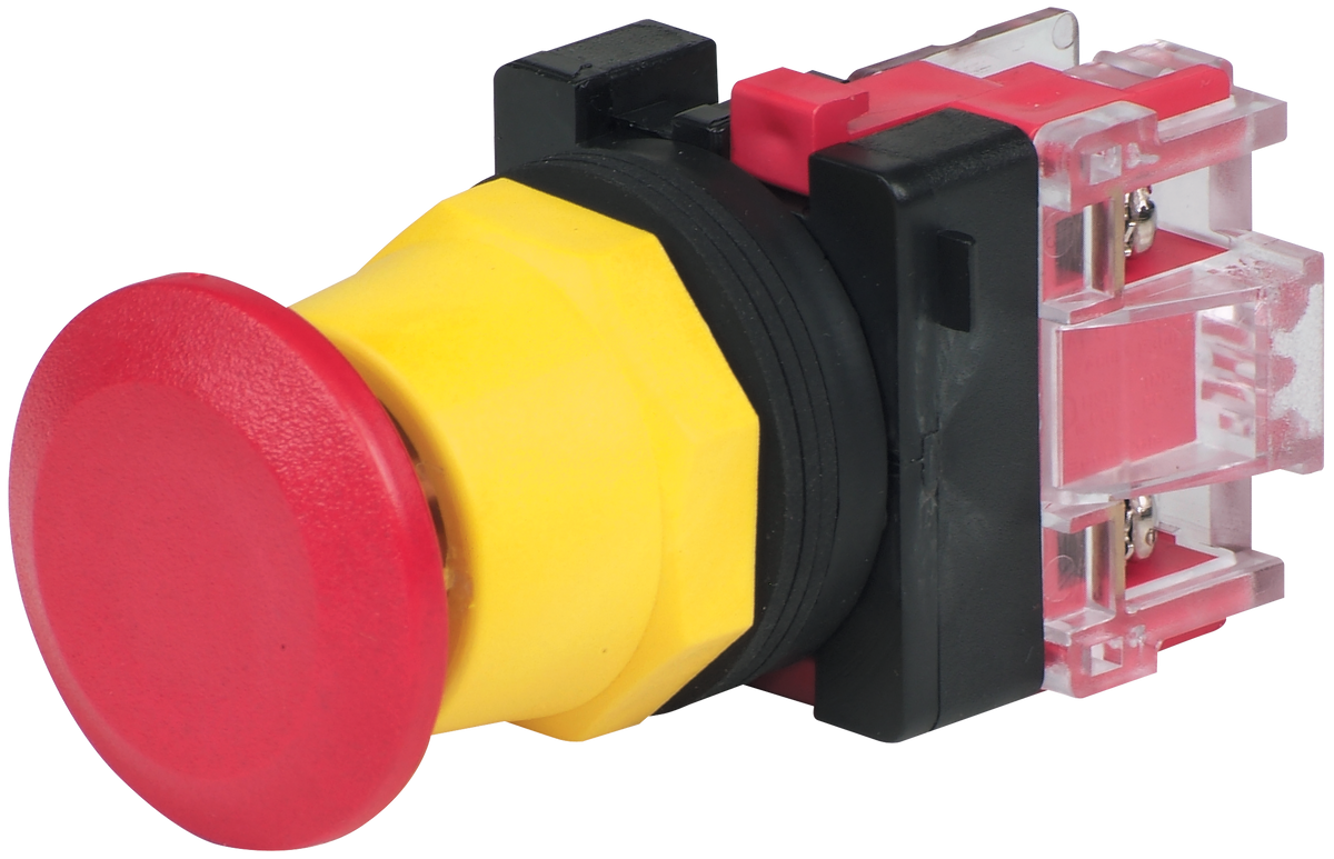 {'_type': 'localeString', 'en': '30mm Maintained Non-Illuminated Push Button with Yellow Clamp Ring, Red Mushroom and NC Contact', 'es': '30mm Maintained Non-Illuminated Push Button with Yellow Clamp Ring, Red Mushroom and NC Contact'}