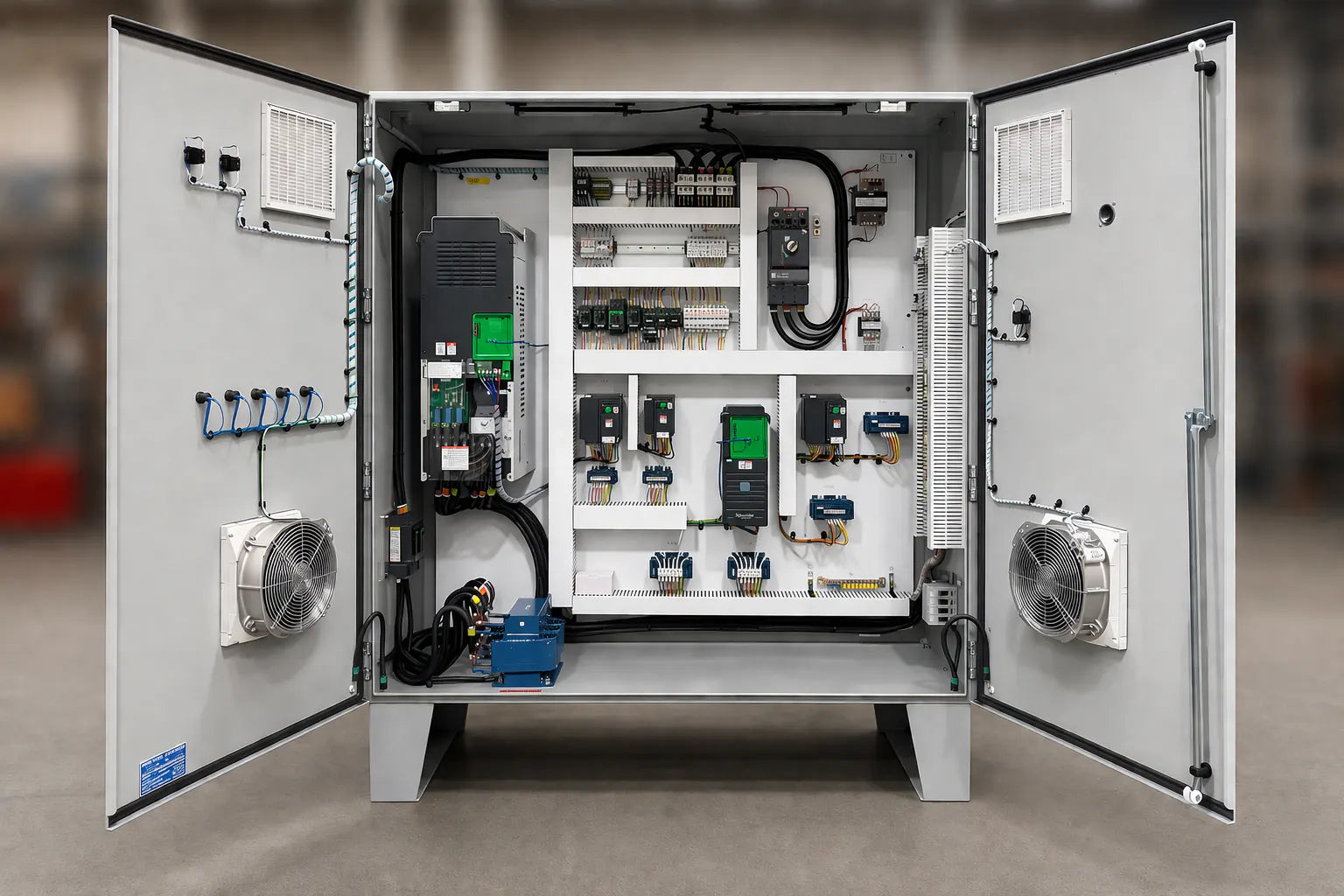 Open free-standing control panel with a variable frequency drive, PLC, main disconnect, and filtered door fans
