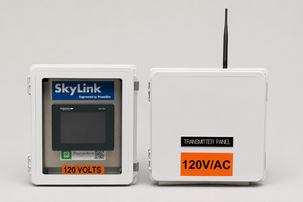 WindRanger SkyLink receiver panel with a Schneider touchscreen, next to its wireless transmitter panel